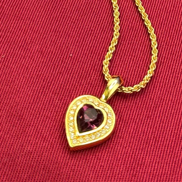VTG Swarovski S.A.L. Faux Amethyst & Crystals on Gold-Tone Heart Pendant - Picture 1 of 11